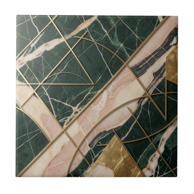 Emerald Blush Marble Gold Geometric Abstract Ceramic Tile (Front)