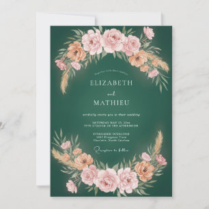 Emerald Blush Pink Wreath Wedding Invitation
