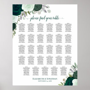 Emerald Boho Floral 29 Table Wedding Seating Chart