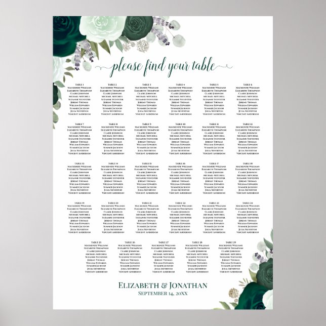 Emerald Boho Floral 29 Table Wedding Seating Chart (Front)