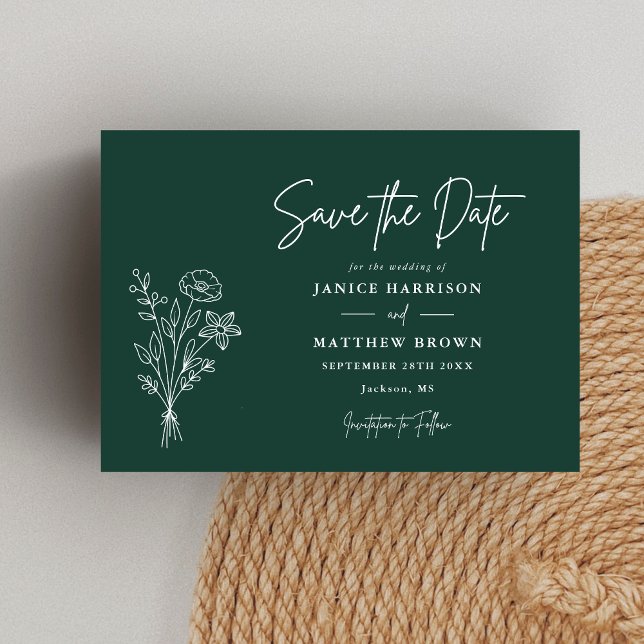 Emerald Boho Minimalist Botanicals Photo Wedding Save The Date (Emerald boho botanical photo save the date adds rich elegance while announcing your wedding.)