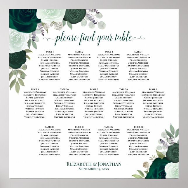 Emerald Boho Roses 13 Table Wedding Seating Chart (Front)