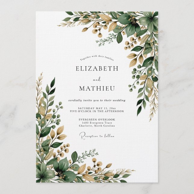 Emerald Botanical Brushstroke Wedding Invitation (Front)