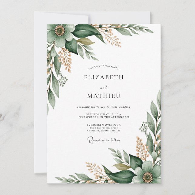 Emerald Botanical Flourish Wedding Invitation (Front)