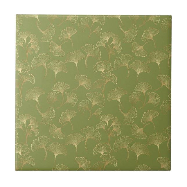 Emerald Botanical Gold Ginkgo Leaf Luxury Pattern Ceramic Tile (Front)
