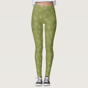 Emerald Botanical Gold Ginkgo Leaf Luxury Pattern Leggings