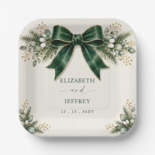 Emerald Bow Botanical Floral Winter Wedding Paper Plate