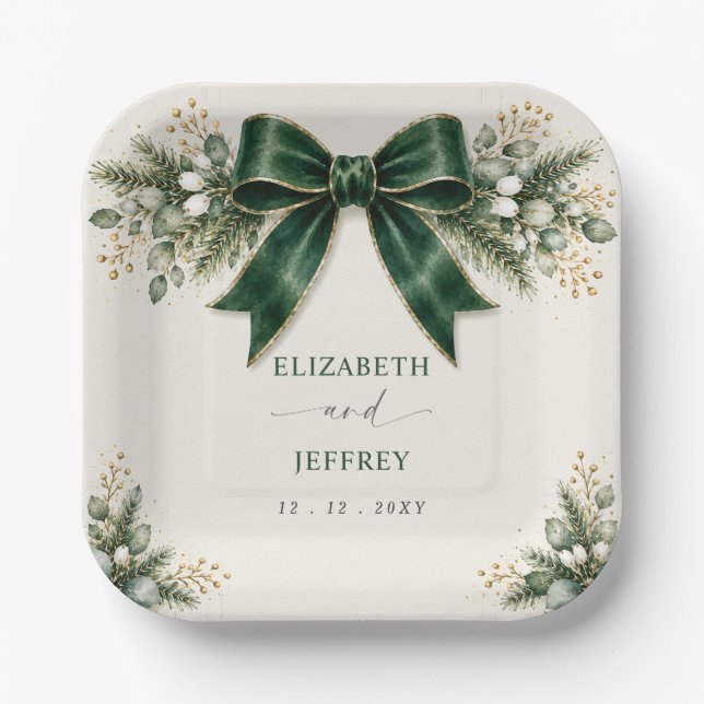 Emerald Bow Botanical Floral Winter Wedding Paper Plate (Front)