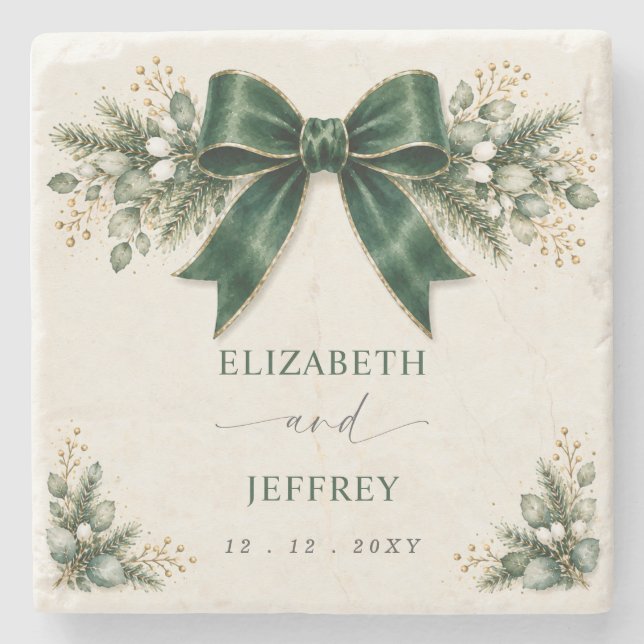 Emerald Bow Botanical Floral Winter Wedding Stone Coaster (Front)