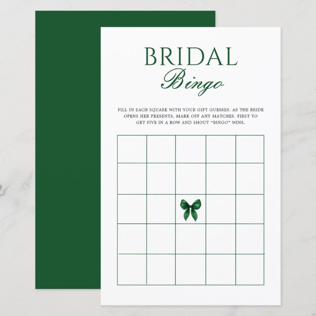 Emerald Bow Bridal Shower Bingo Game (Front/Back)