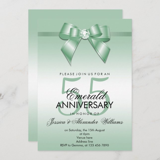 Emerald Bow & Ribbon 55th Wedding Anniversary Invitation (Front/Back)