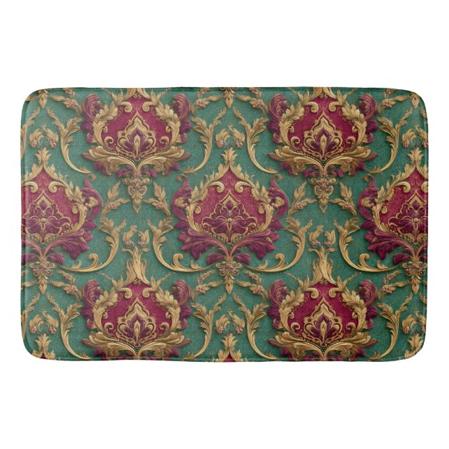 Emerald Burgundy Baroque Damask Bath Mat (Front)