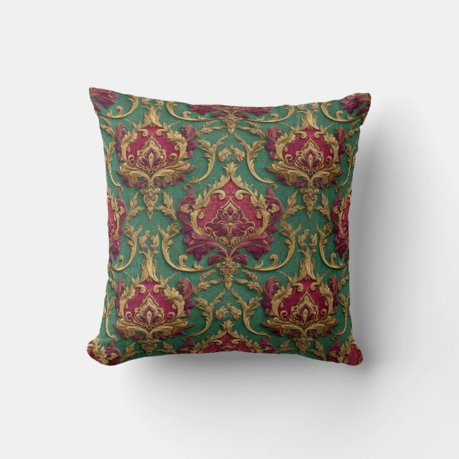 Emerald Burgundy Baroque Damask Cushion (Front)