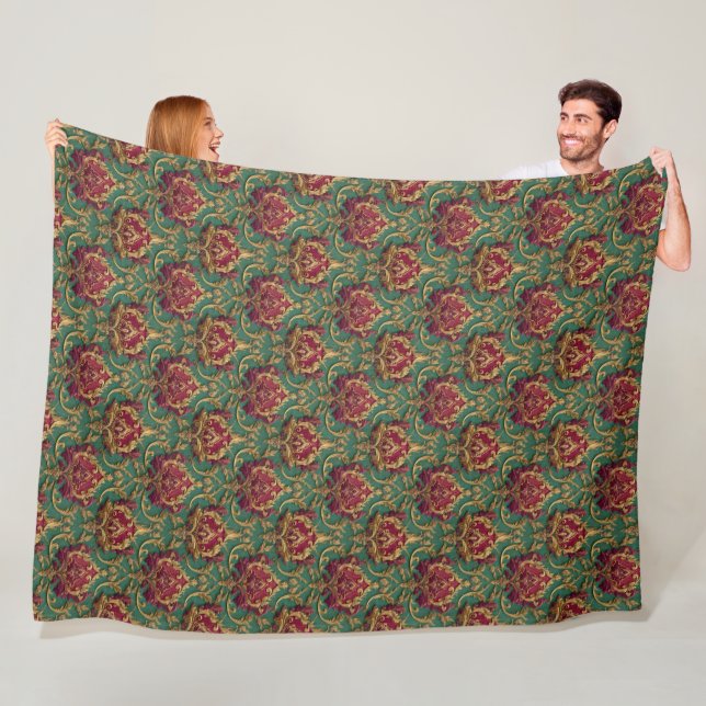 Emerald Burgundy Baroque Damask Fleece Blanket (In Situ)