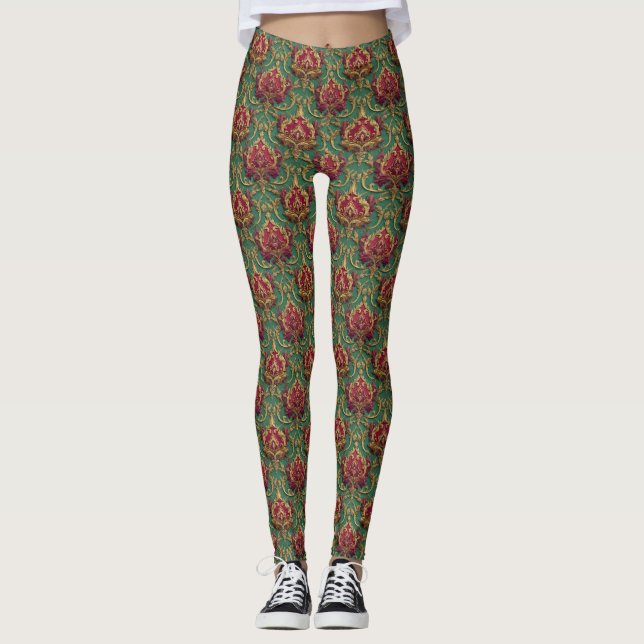 Emerald Burgundy Baroque Damask Leggings (Front)