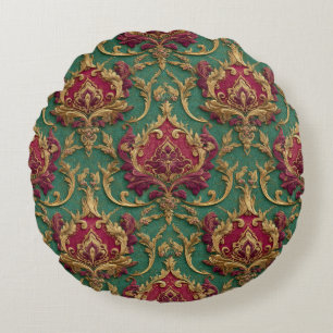 Emerald Burgundy Baroque Damask Round Cushion