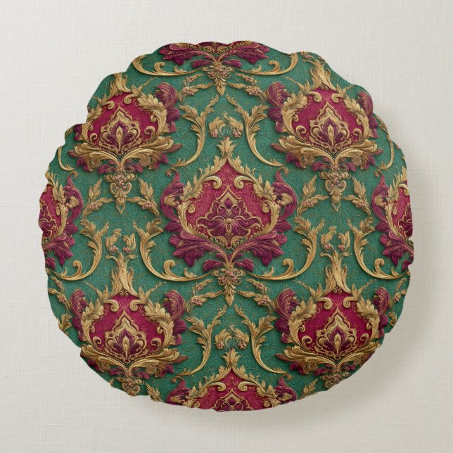 Emerald Burgundy Baroque Damask Round Cushion (Front)