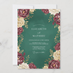 Emerald Burgundy Rose Wedding Invitation