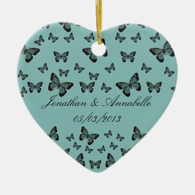 Emerald Butterflies Save The Date Keepsake Ceramic Tree Decoration (Front)