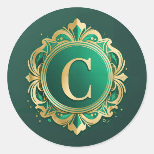 Emerald C Christmas Monogram Classic Round Sticker