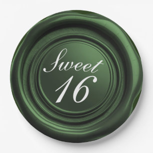 Emerald Candle Wax Seal Drip Sweet 16 Wedding Paper Plate