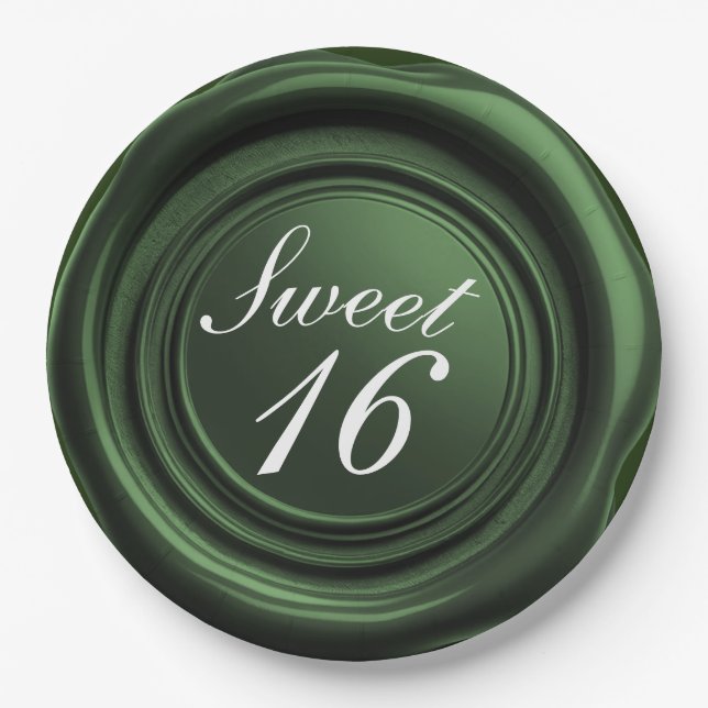 Emerald Candle Wax Seal Drip Sweet 16 Wedding Paper Plate (Front)