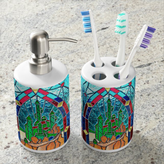 Emerald Castle Stainglass art Wizard of Oz. Bathroom Set (Front)