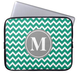 Emerald Chevron Pattern Grey Monogram Laptop Sleeve