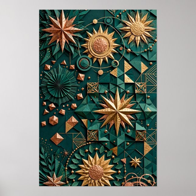  Emerald Copper Celestial Compass - 3D Gold Poster (Front)