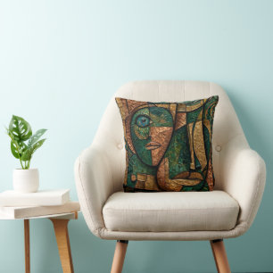 Emerald Copper Gold Cubist Triple Faces Cushion