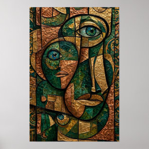Emerald Copper Gold Cubist Triple Faces Poster