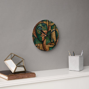 Emerald Copper Gold Cubist Triple Faces Round Clock