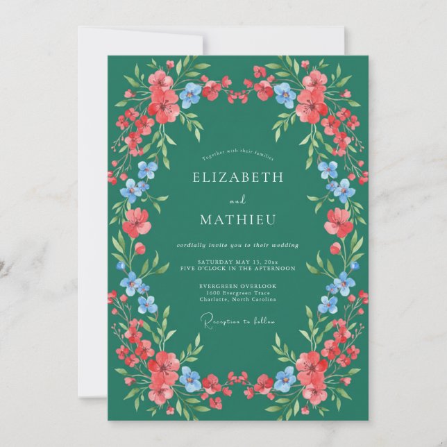 Emerald Coral Bloom Flourish Wedding Invitation (Front)