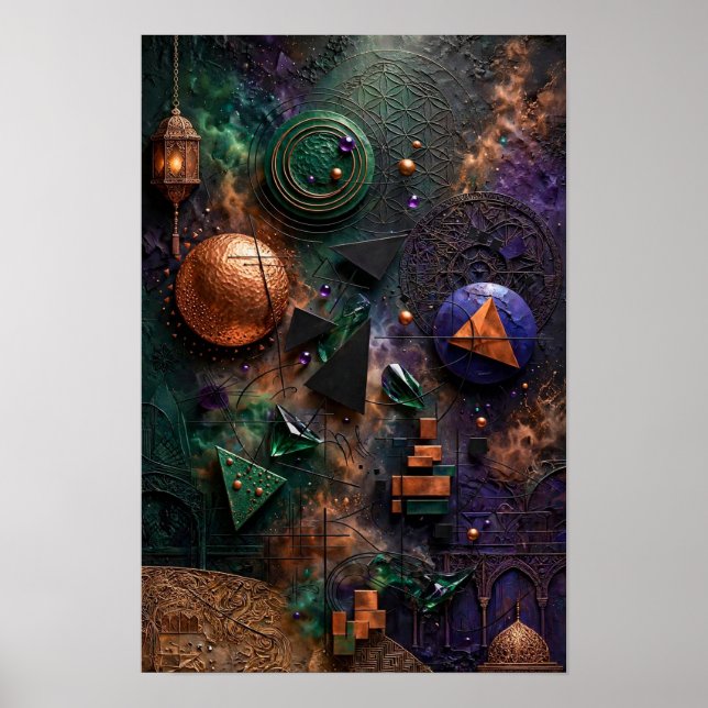 Emerald Cosmic Geometry Relief - 3D Violet Copper Poster (Front)