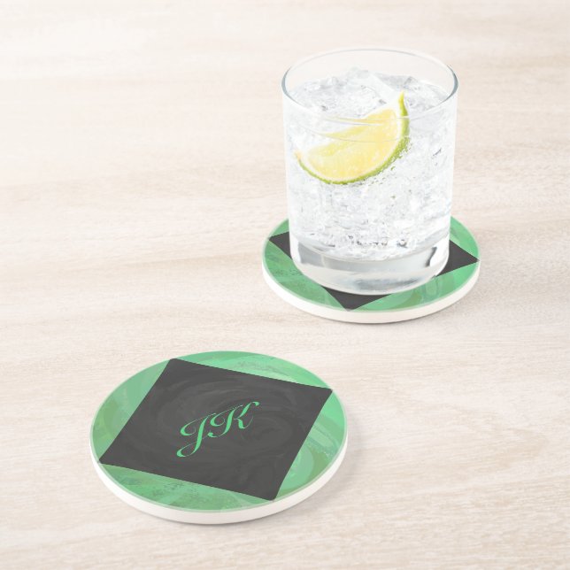 Emerald Cream and Black Monogram Coaster (Side)