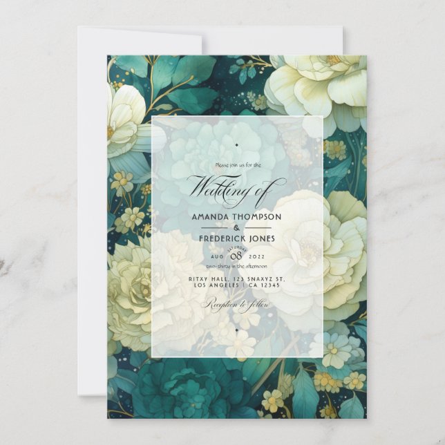 Emerald, Cream, and Gold Floral Wedding Invitation (Front)