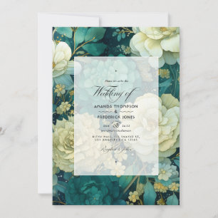 Emerald, Cream, and Gold Floral Wedding Invitation
