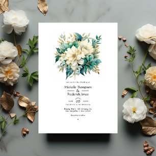 Emerald, Cream, and Gold Floral Wedding Invitation