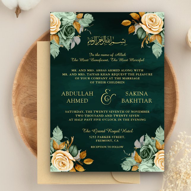 Emerald Cream Floral Gold QR Code Muslim Wedding Invitation (Creator Uploaded)