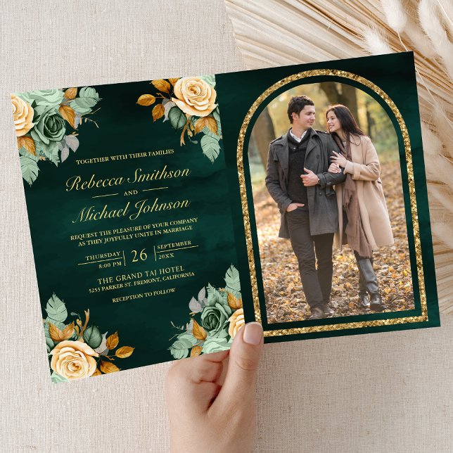Emerald Cream Floral Gold QR Code Photo Wedding Invitation (Creator Uploaded)