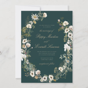 Emerald & Cream Floral Poppy Wedding Invitation