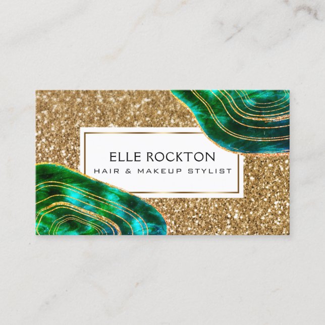 Emerald Crystal Agate Geode Gold Glitter Business Card (Front)