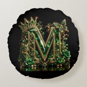 Emerald Crystal Letter M   Royal Luxury Round Cushion
