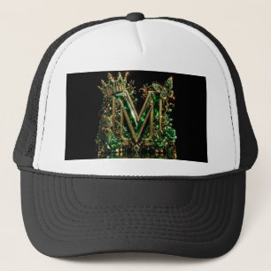 Emerald Crystal Letter M   Royal Luxury Trucker Hat