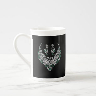 Emerald Crystal Swans Luxury Jewellery Bone China Mug