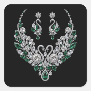 Emerald Crystal Swans Luxury Jewellery Square Sticker