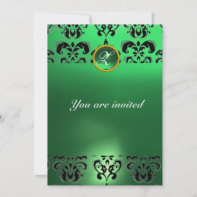 EMERALD DAMASK GEM STONE MONOGRAM green black Invitation (Front)