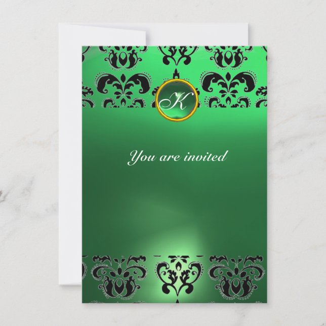 EMERALD DAMASK GEM STONE MONOGRAM green black Invitation (Front)
