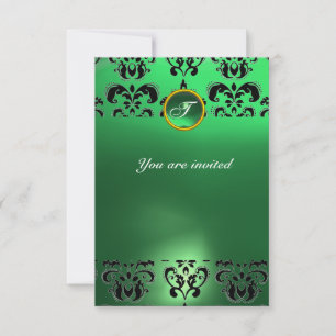 EMERALD DAMASK GEM STONE MONOGRAM green black Invitation