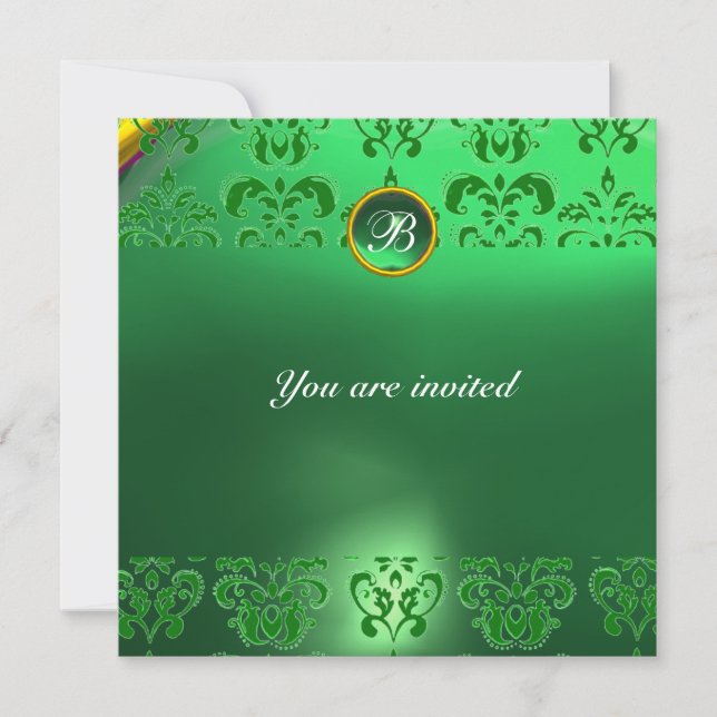 EMERALD DAMASK GEM STONE MONOGRAM green Invitation (Front)